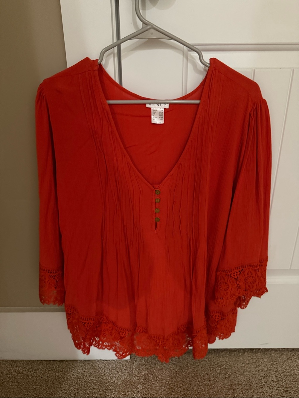 VENUS Coral-Red V-Neck Lace-Hem Peasant Tunic